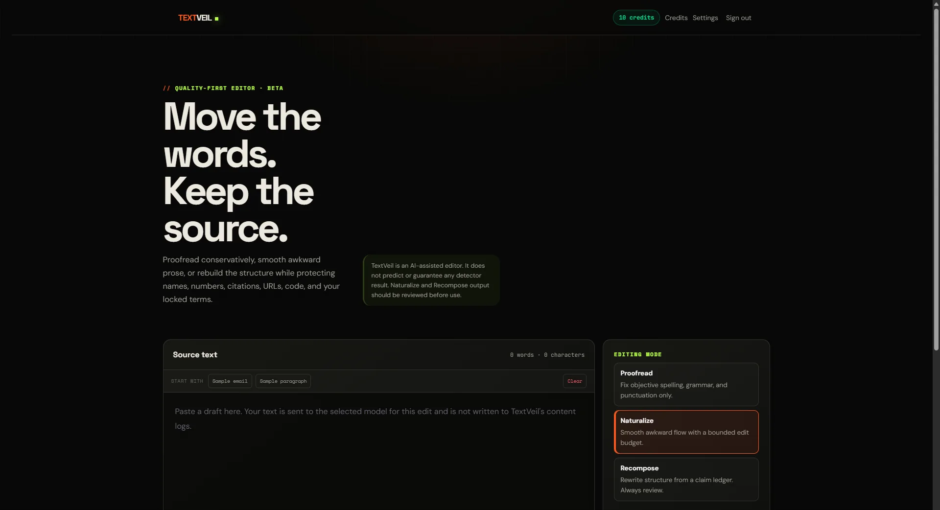 TextVeil Editor Beta showing source text, mode controls, model choice, and credit estimate