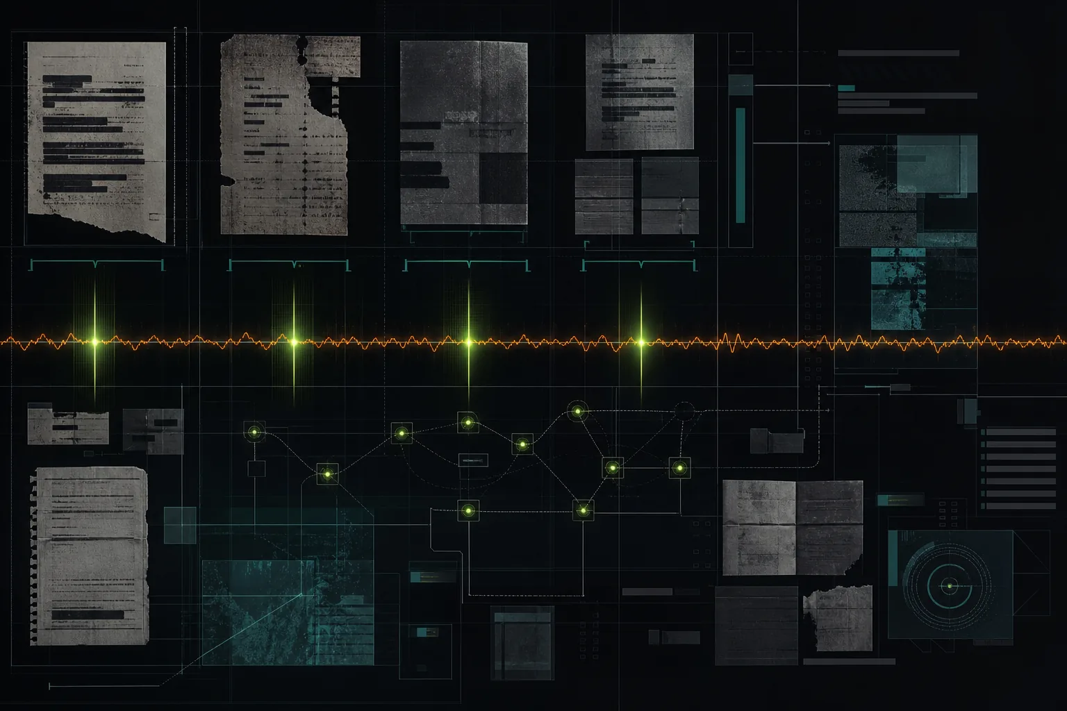 Abstract research archive with document fragments, validation nodes, and an orange signal line