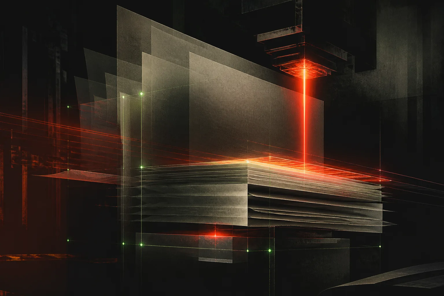Abstract layered documents passing through a precise orange and green signal grid